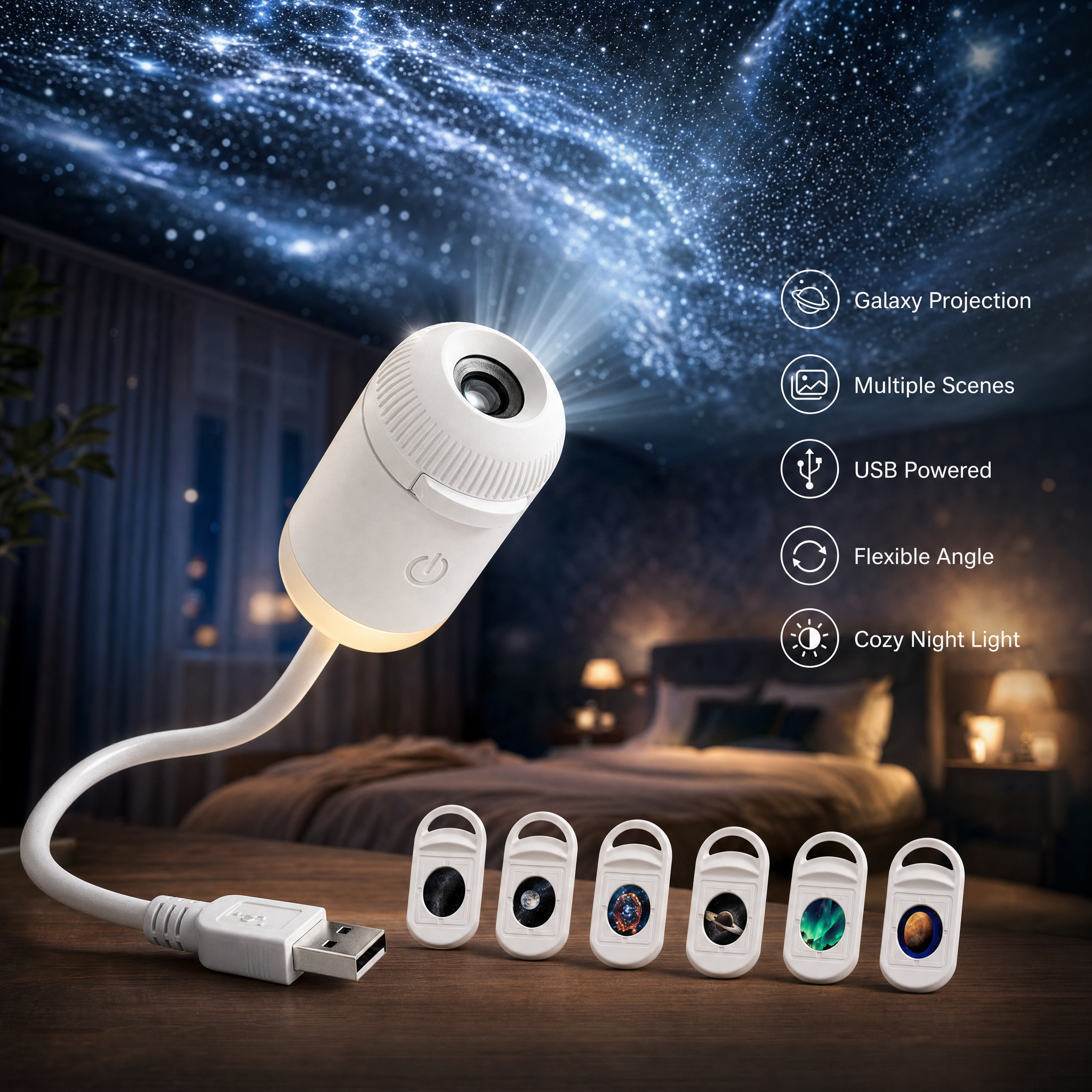 Starlight projector on a bedside table casting a blue galaxy across the bedroom ceiling